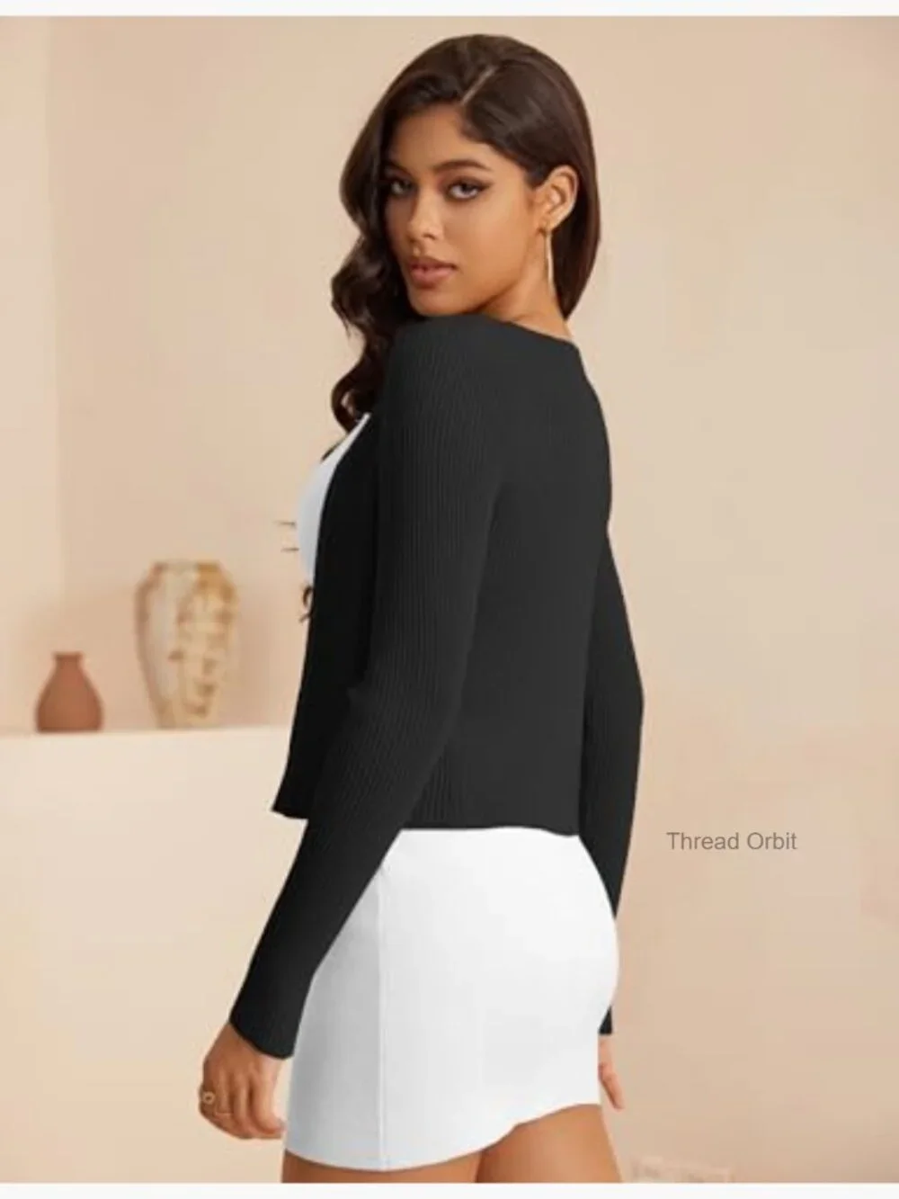 Open Front Cropped Cardigan V-Neck Long Sleeve Rib Knit Shrug - Picture 2 of 5